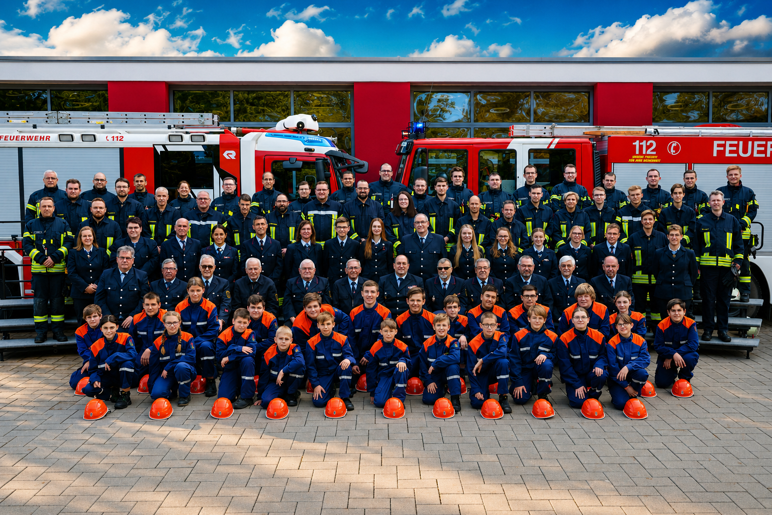 Gesamte Mannschaft der Feuerwehr Wald-Michelbach vor den Löschfahrzeugen